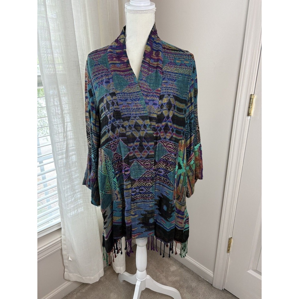 ANU Kimono Cardigan Women One Size Multi-Color Excellent Fringe Geometric
